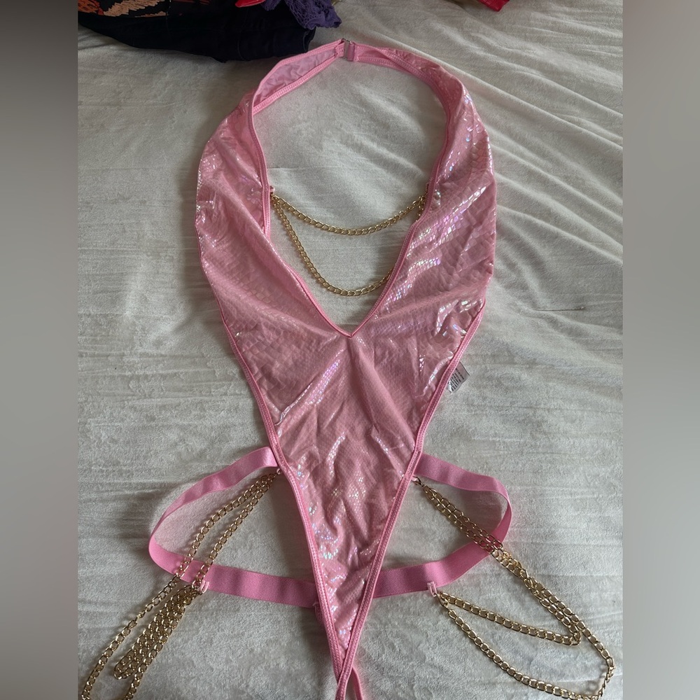 Pink snakeskin print body suit with gold chain